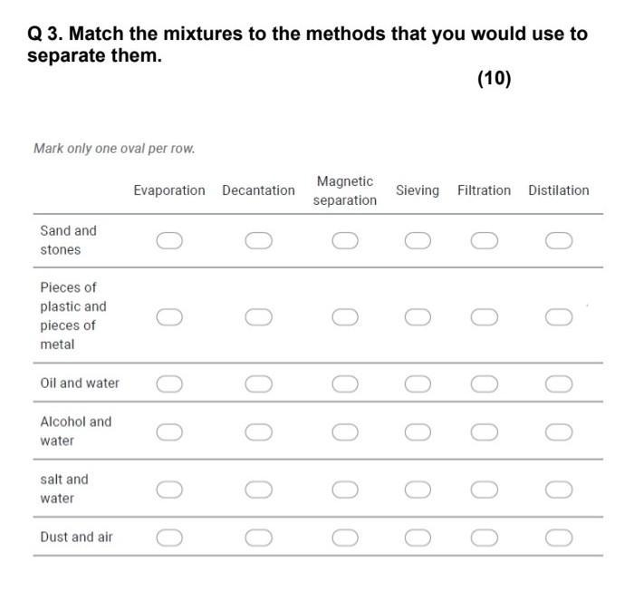 Match the mixtures to the methods that you would use to separate them.​-example-1