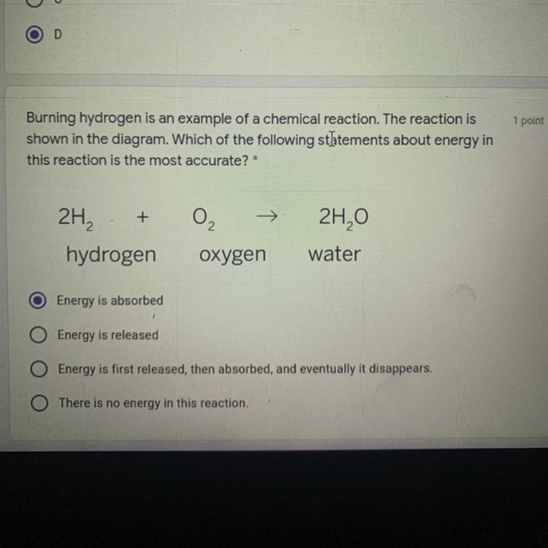 Burning hydrogen is an example of a chemical reaction. The reaction is shown in the-example-1