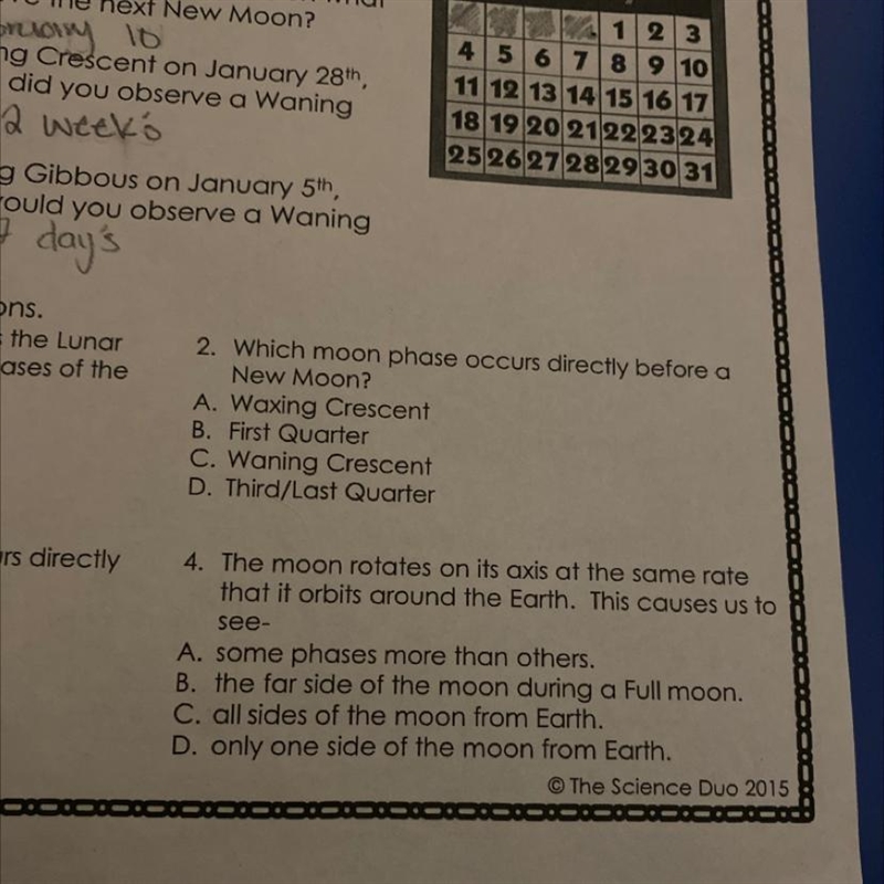 2. Which moon phase occurs directly before a New Moon? A. Waxing Crescent B. First-example-1