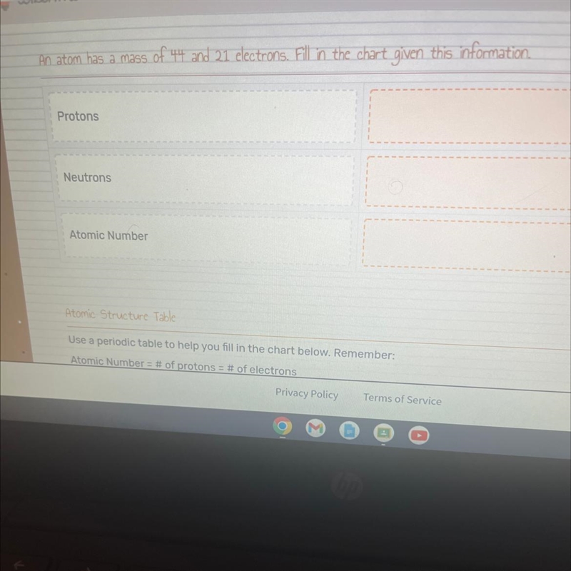 An atom has a mass of 44 and 21 electrons. Fill in the chart given this information-example-1