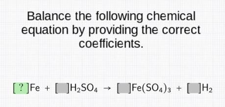 Balance the following chemical equation by providing the correct coefficients fe+h-example-1