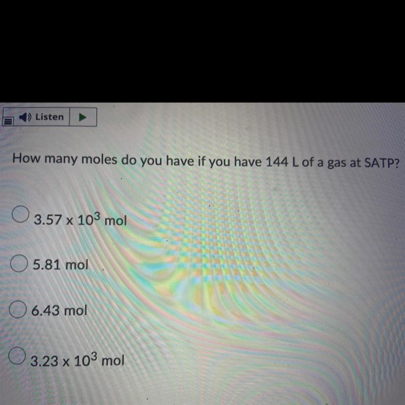 How many moles do you have if you have 144 L of a gas at SATP?-example-1