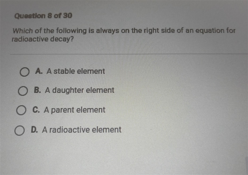 Which of the following is always on the right side of an equation for radioactive-example-1