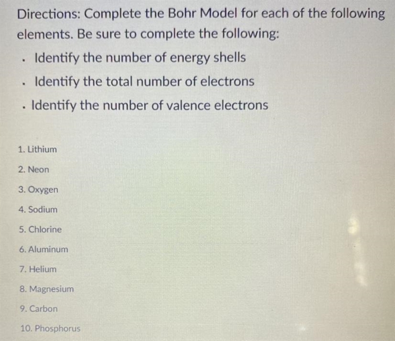 Questions 1-10: Complete the Bohr Mode for each following elements.-example-1