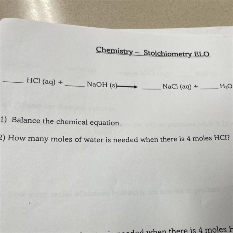 How many moles of water is needed when there is 4 molecules hci-example-1