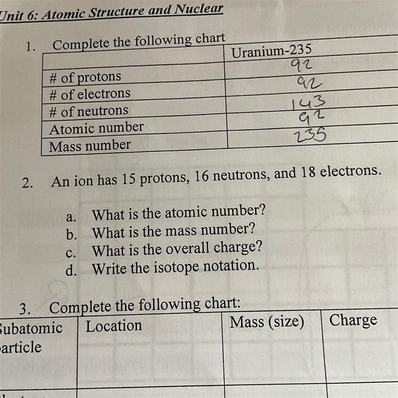 2. An ion has 15 protons, 16 neutrons, and 18 electrons. a. b. What is the atomic-example-1