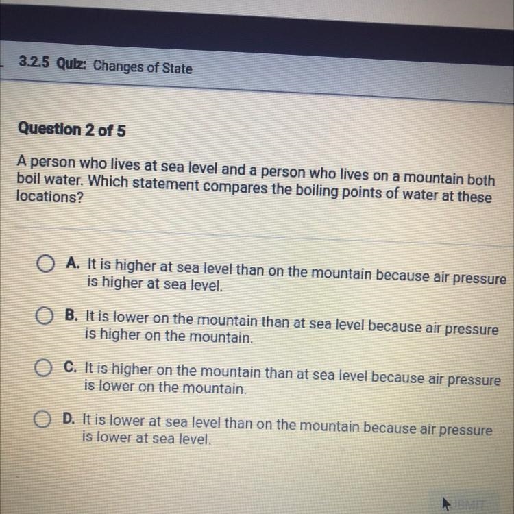 Which statement compares the boiling points of water at these locations-example-1