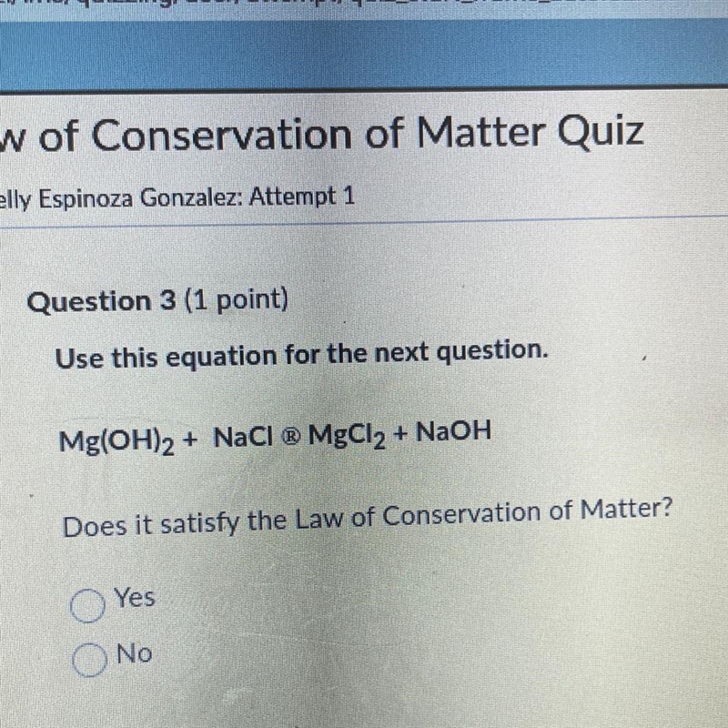 5 Use this equation for the next question. Mg(OH)2 + NaCl ® MgCl₂ + NaOH Does it satisfy-example-1