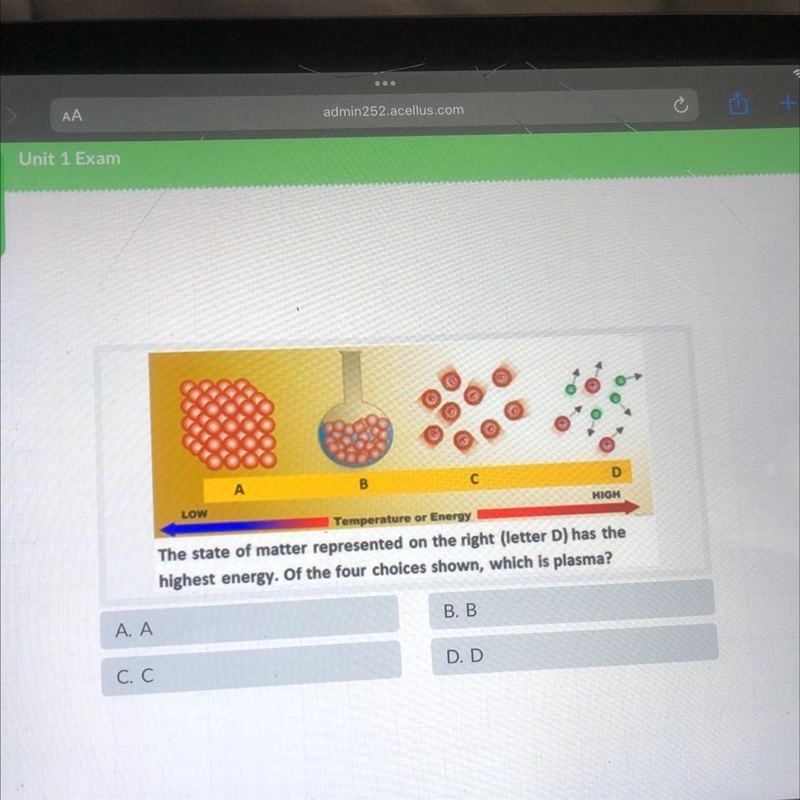 The state of matter represented on the right (letter D) has the highest energy. Of-example-1