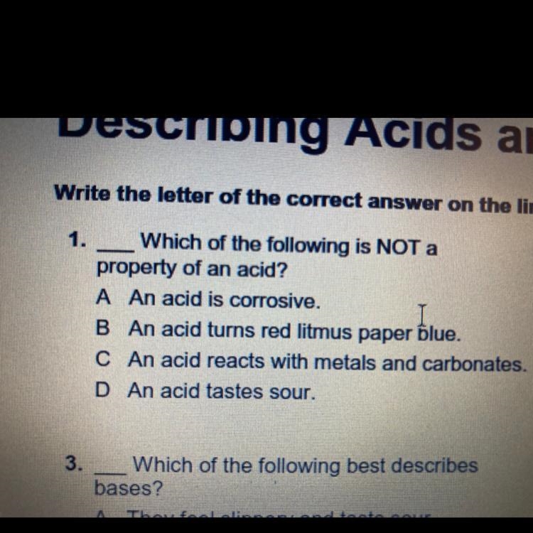 Which of the following is NOT a property of an acid-example-1