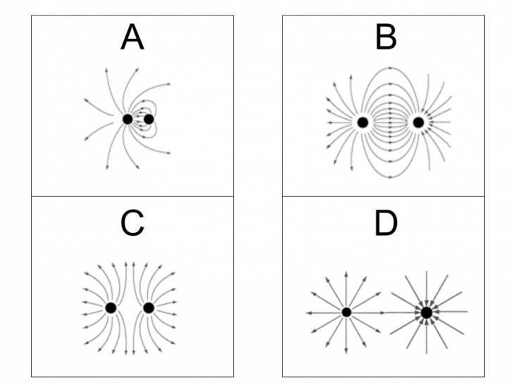 Which drawing represents the electric field surrounding two objects that have equal-example-1