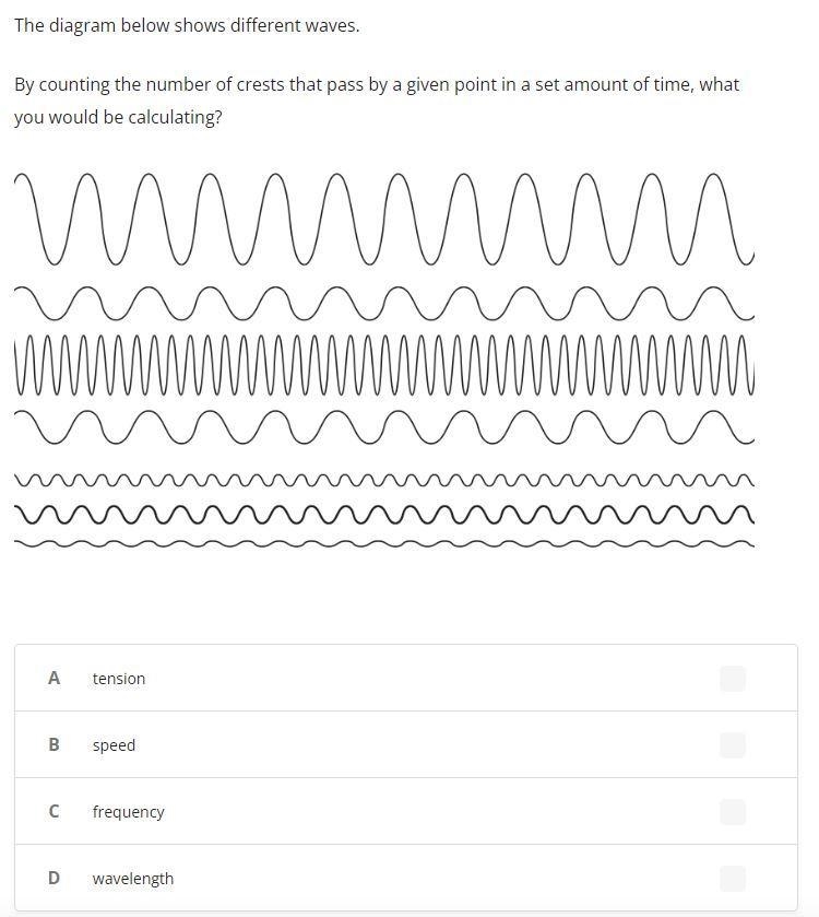 The diagram below shows different waves. By counting the number of crests that pass-example-1