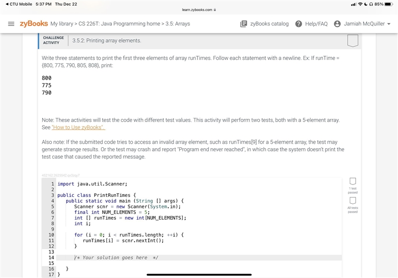 In java, write three statements to print the first three elements of array runTimes-example-1