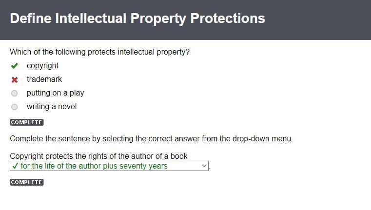 Which of the following protects intellectual property? A. copyright B. trademark C-example-1