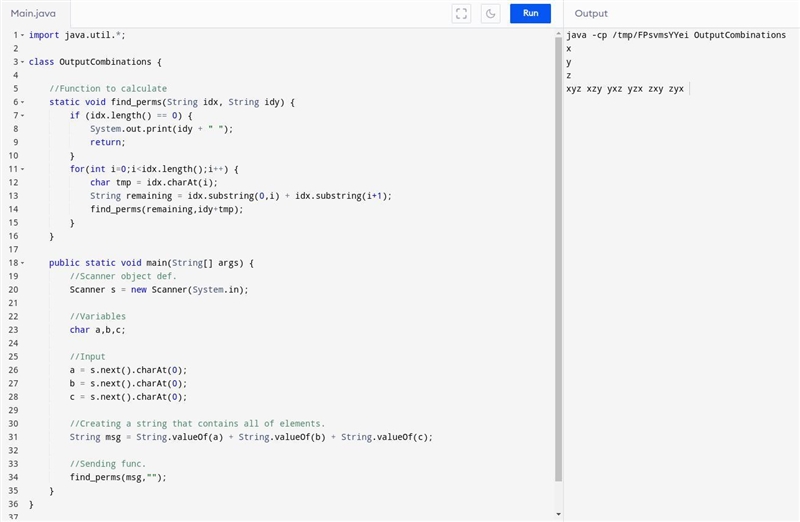 Output all combinations of character variables a, b, and c, in the order shown below-example-1