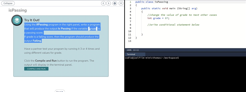 Using the ifPassing program in the right panel, write a program that will produce-example-1