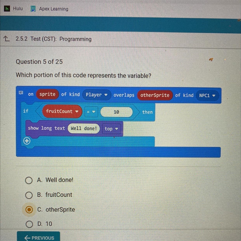 Which portion of this code represents the variable? A. Well done! B. fruitCount C-example-1
