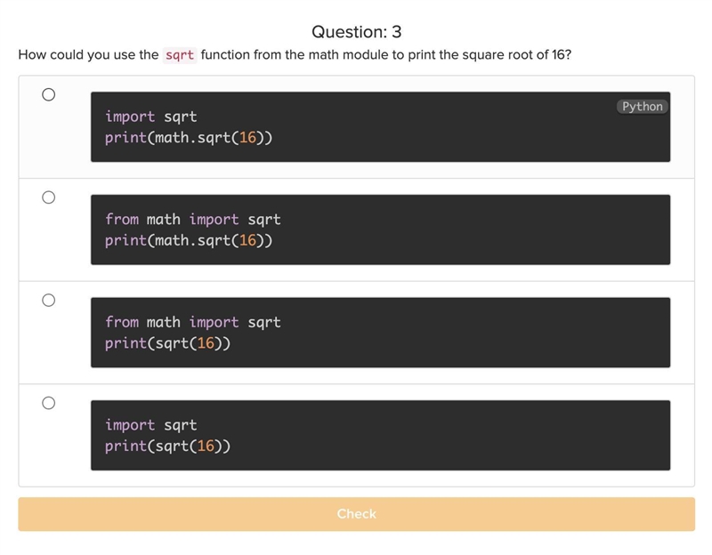 How could you use the sqrt function from the math module to print the square root-example-1