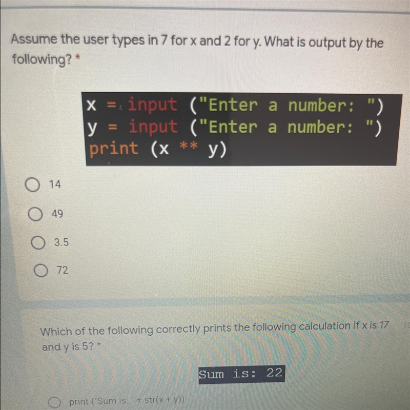 Assume the user types in 7 for x and 2 for y. What is output by the following?* 10 points-example-1