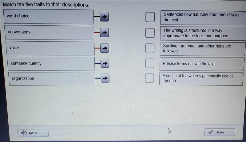 Match the five traits to their descriptions. word choice Sentences flow naturally-example-1