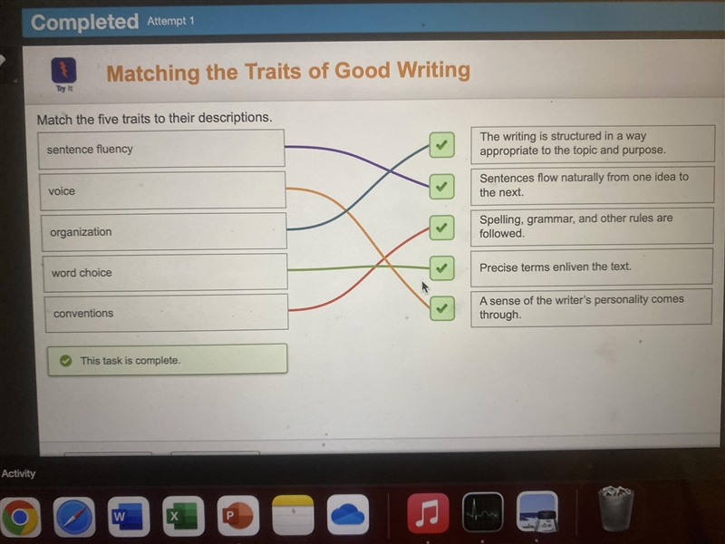 Match the five traits to their descriptions. word choice Sentences flow naturally-example-1