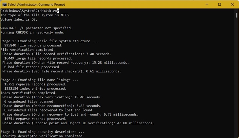 What form of the Chkdsk command can you use in a command prompt window that does not-example-1