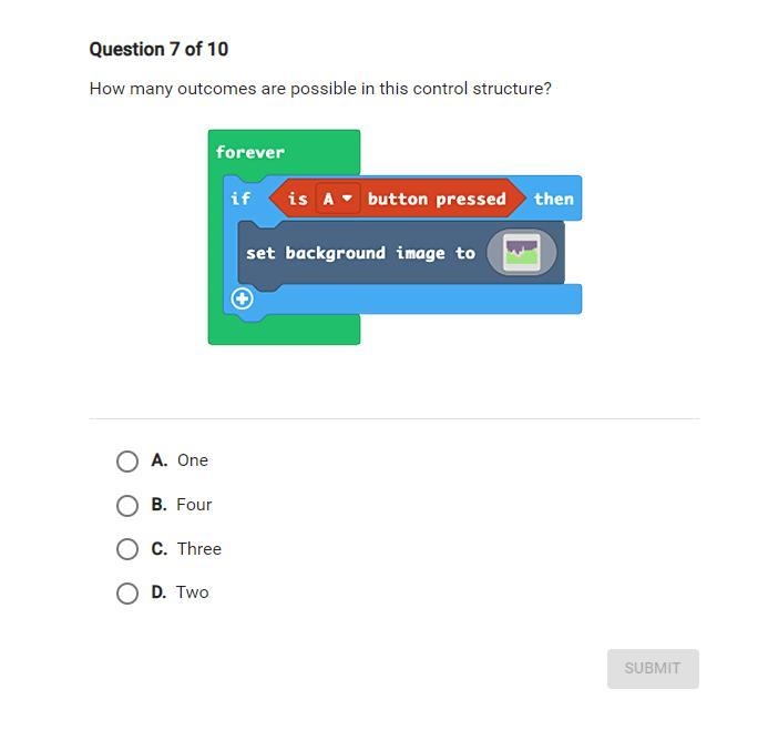 How many outcomes are possible in this control structure?-example-1