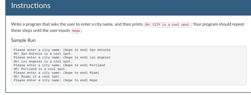 Write a program that asks the user to enter a city name, and then prints Oh! CITY-example-1