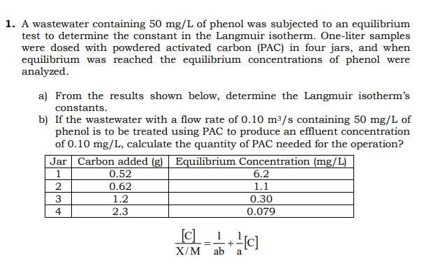 . A wastewater containing 50 mg/L of phenol was subjected to an equilibrium test to-example-1