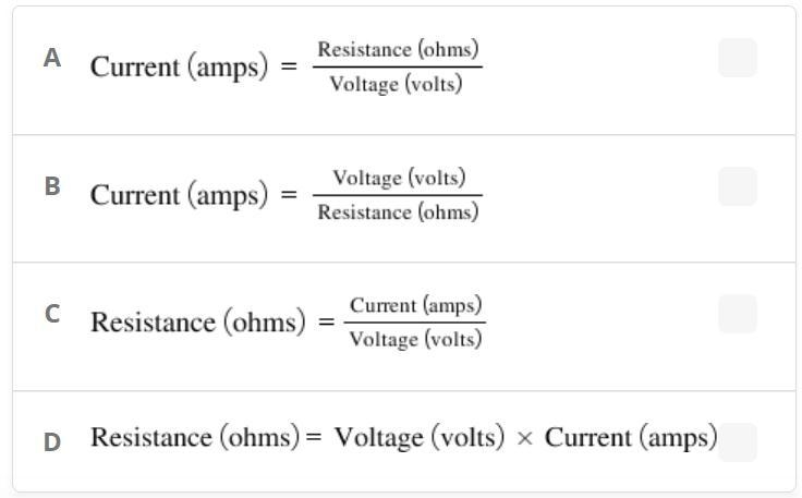 Which of the following mathematical formulas below correctly displays Ohm's law?-example-1