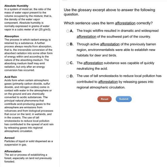 Which sentence uses the term “afforestation” correctly? (I’m not to sure on this answer-example-1