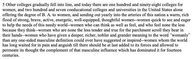 PLS HELP In paragraph five of the excerpt from “The Higher Education of Women,” which-example-1