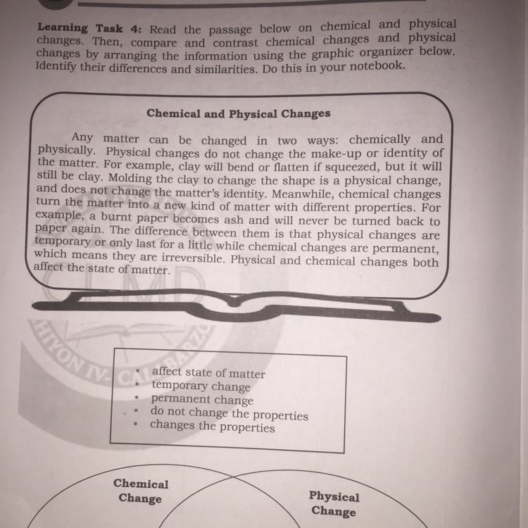 Learning Task 4: Read the passage below on chemical and physical changes. Then, compare-example-1