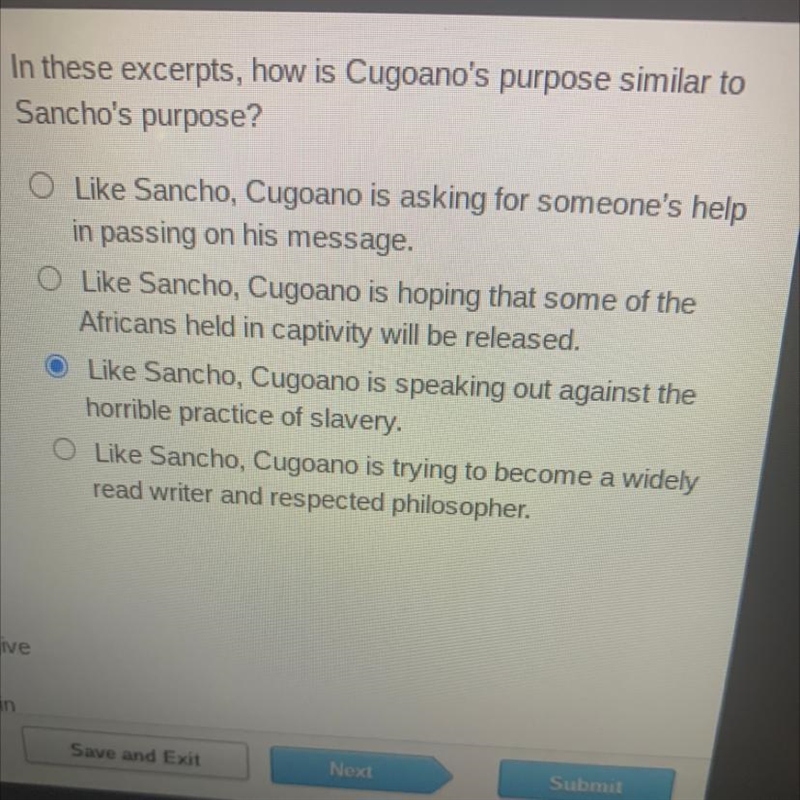 In these excerpts how is cugoanos purpose similar to sanchos purpose….-example-1