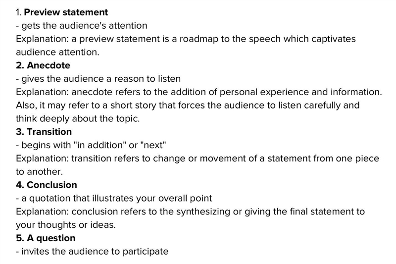 Match the following items: 1. Preview statement 2. Anecdote 3. Transition 4. Conclusion-example-1