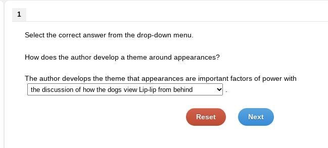 Select the correct answer from the drop-down menu. How does the author develop a theme-example-1