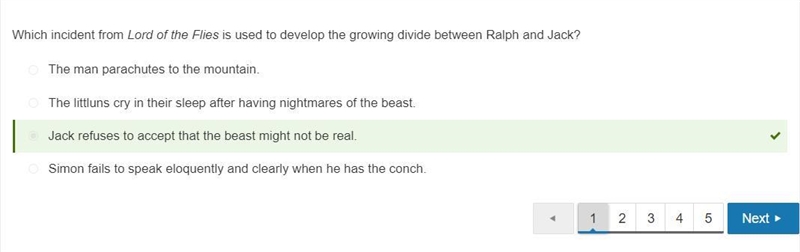 Which incident from Lord of the Flies is used to develop the growing divide between-example-1