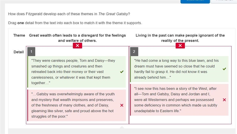 How does Fitzgerald develop each of these themes in The Great Gatsby? Drag one detail-example-1