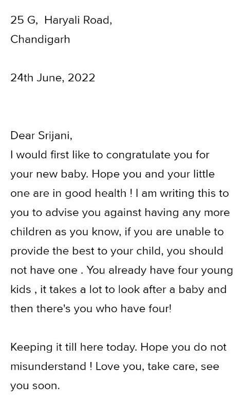 Write a letter to your sister tell her to not yet give birth to eny children again-example-1