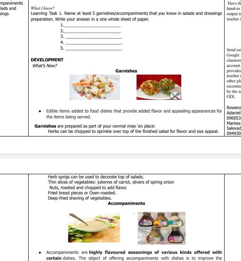 What I know? Learning Task 1. Name at least 5 garnishes/accompaniments that you know-example-1