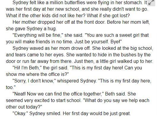 Which event takes place first in the story? A. Sydney feels nervous about her first-example-1