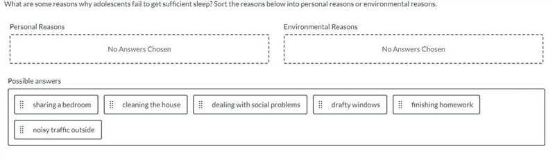 What are some reasons why adolescents fail to get sufficient sleep? Sort the reasons-example-1