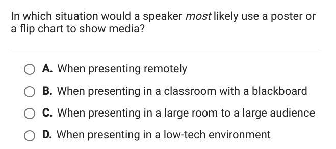 In which situation would a speaker most likely use a poster or flipchart to show media-example-1