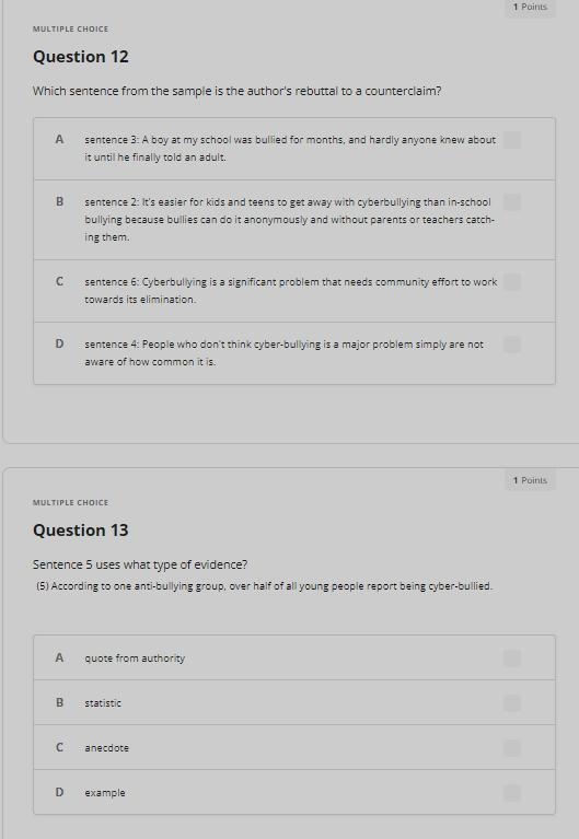 Question 12 Which sentence from the sample is the author's rebuttal to o counterclaim-example-1