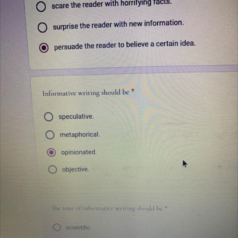 Informative writing should be? O speculative. O metaphorical. O opinionated. O objective-example-1