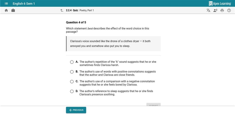 Which statement best describes the effect of the word choice in this passage?-example-1