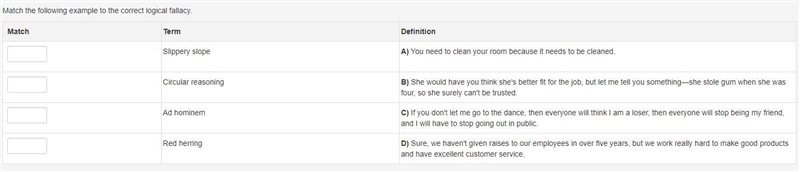 Match the following example to the correct logical fallacy.-example-1