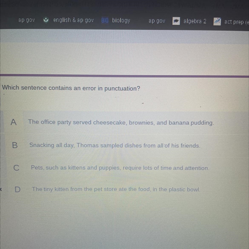 Which sentence contains an error in punctuation? A. The office party served, cheesecake-example-1