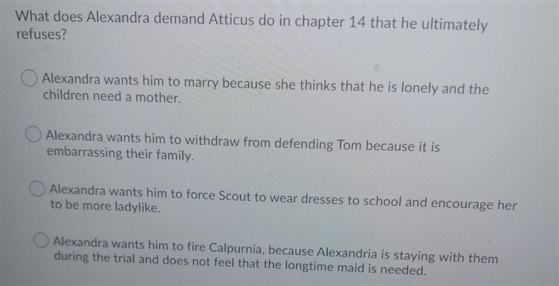 What does Alexandra demand Atticus do in chapter 14 that he ultimately refuses? Alexandra-example-1