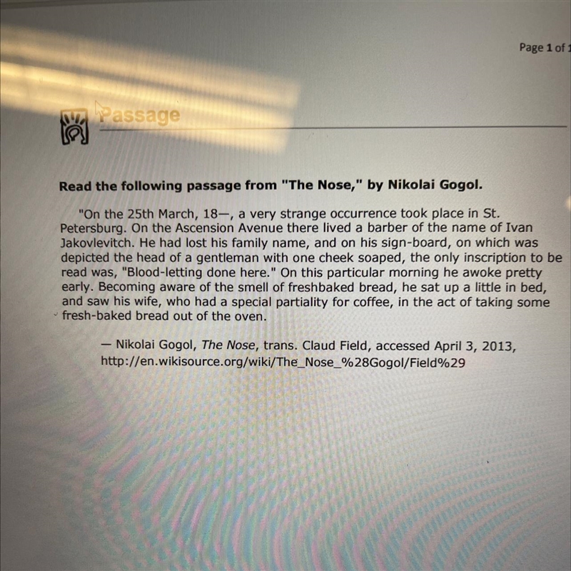 Click to read the passage from "The Nose," by Nikolai Gogol. Then answer-example-1